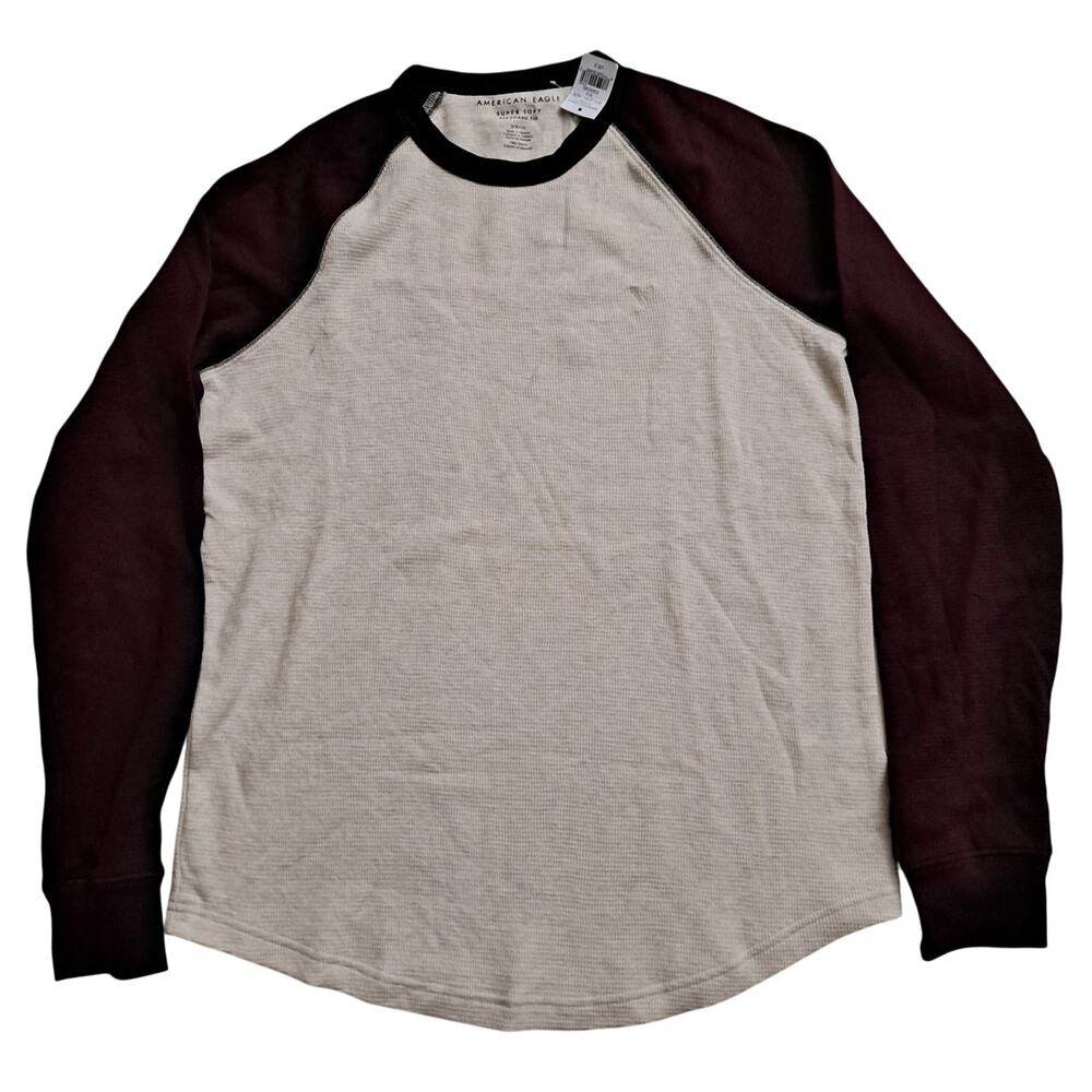 NWT American Eagle Thermal Raglan Long Sleeve T-Shirt Burgundy Cream Mens Size S